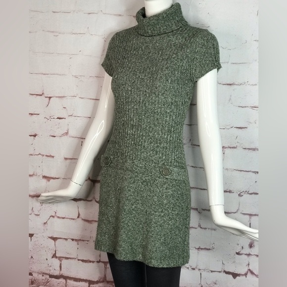 JJ BASICS M Knit Sweater Mini Dress Olive Green Marled Knit Short Sleeve Medium - Picture 15 of 15